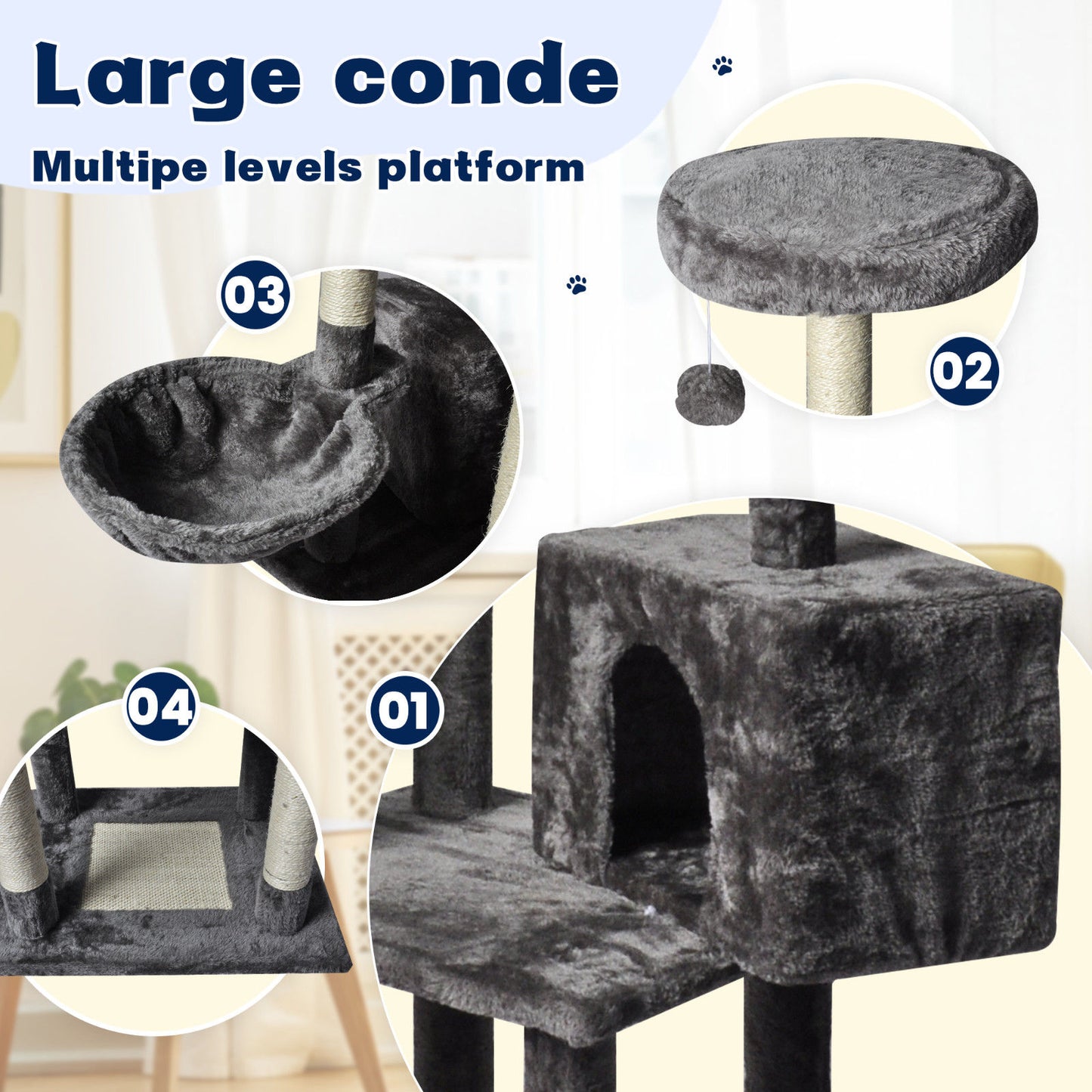 Large Grey Cat Tree Tower Condo 20x15x25 cm with Scratching Post & Bed