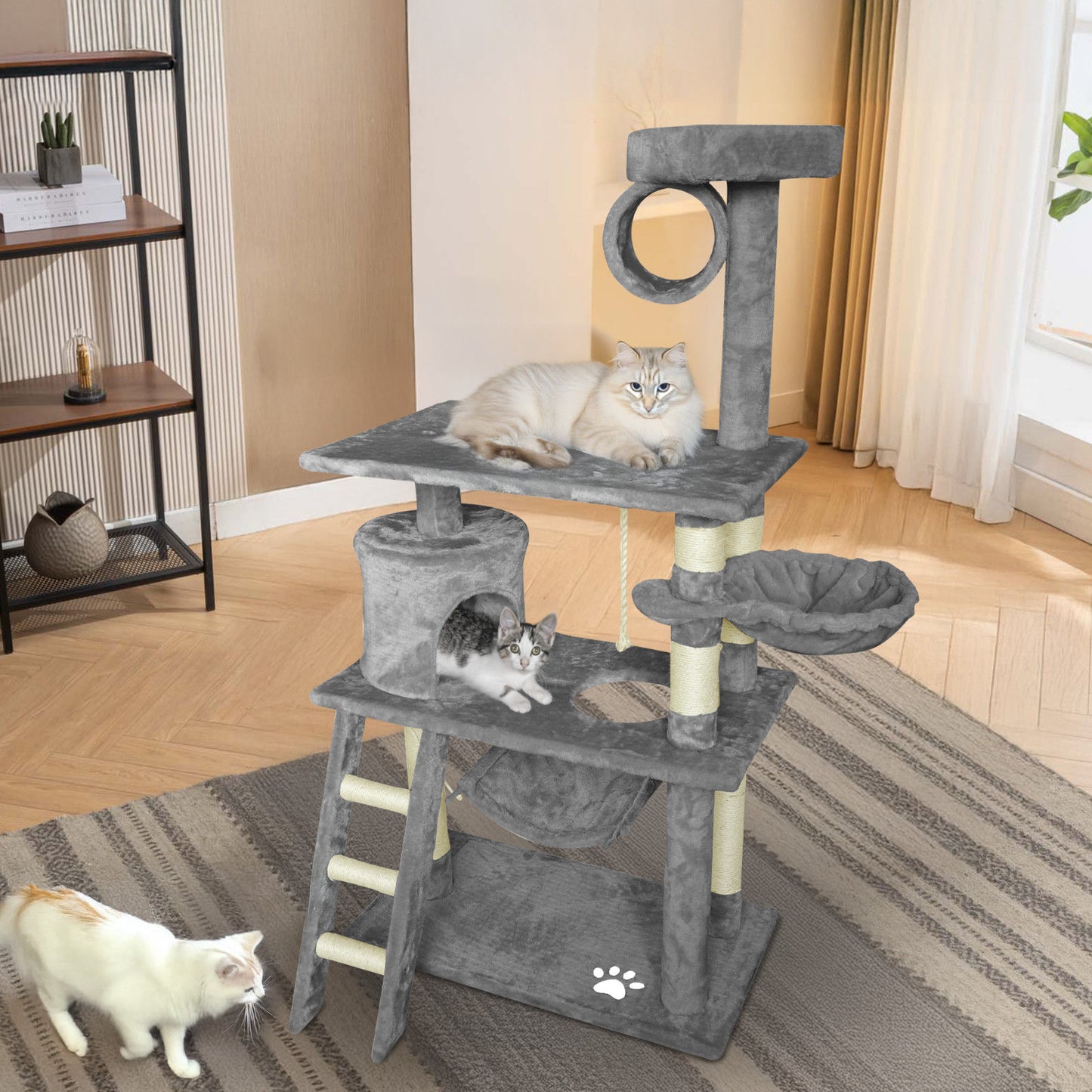 Grey Cat Tree Tower Condo Scratching Post Bed Stand 1.4M - Multi-Level Design, Plush Condos, Easy Maintenance