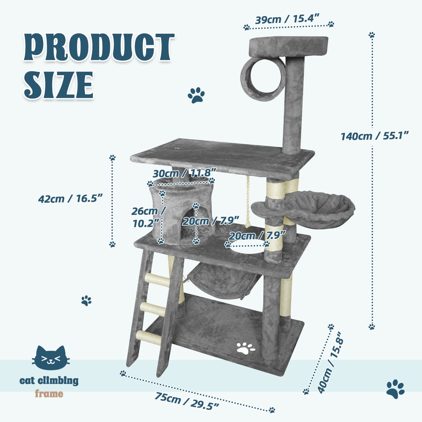 Grey Cat Tree Tower Condo Scratching Post Bed Stand 1.4M - Multi-Level Design, Plush Condos, Easy Maintenance