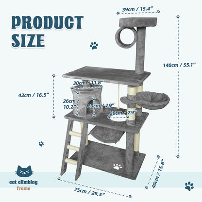 Grey Cat Tree Tower Condo Scratching Post Bed Stand 1.4M - Multi-Level Design, Plush Condos, Easy Maintenance