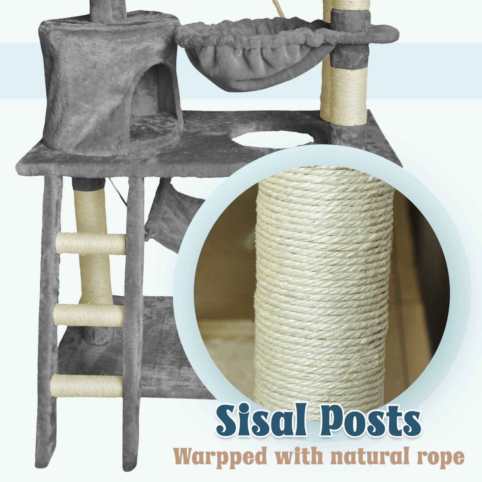Grey Cat Tree Tower Condo Scratching Post Bed Stand 1.4M - Multi-Level Design, Plush Condos, Easy Maintenance - SuperSaverAU - view 7