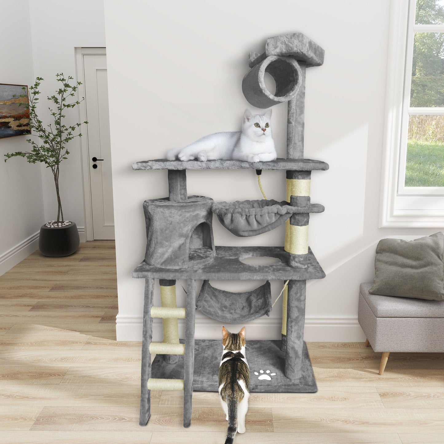 Grey Cat Tree Tower Condo Scratching Post Bed Stand 1.4M - Multi-Level Design, Plush Condos, Easy Maintenance