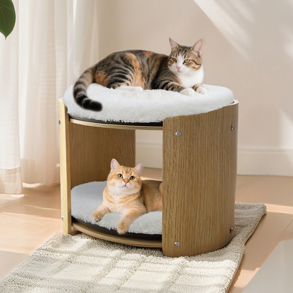 Elevated Double Cat Bed 2-Tier Wooden Plush Lounge