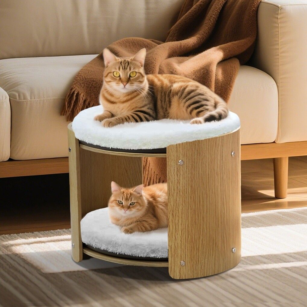 Elevated Double Cat Bed 2-Tier Wooden Plush Lounge - SuperSaverAU - view 2