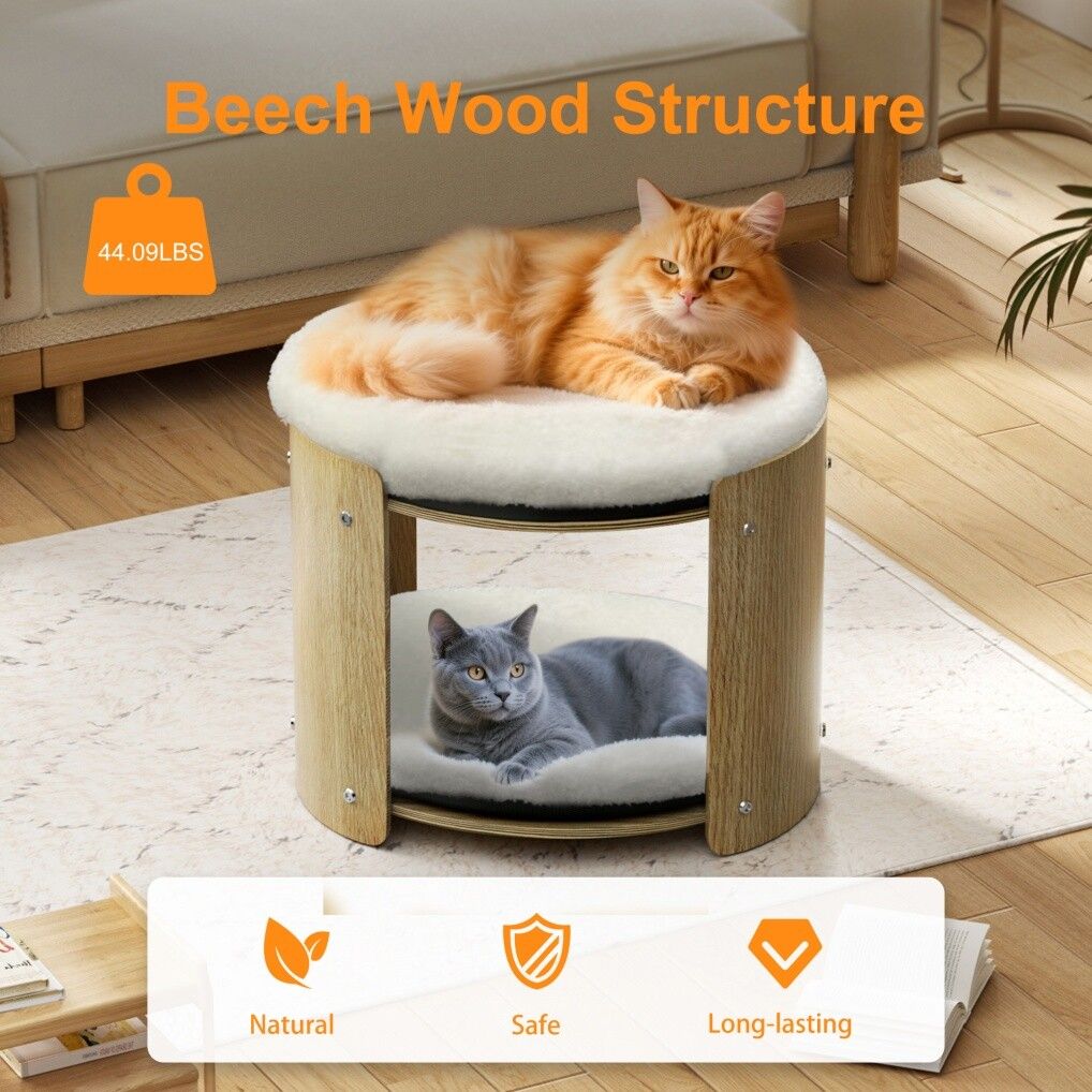 Elevated Double Cat Bed 2-Tier Wooden Plush Lounge