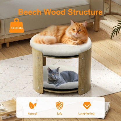 Elevated Double Cat Bed 2-Tier Wooden Plush Lounge