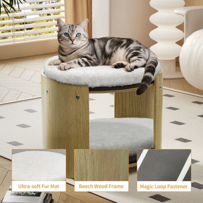 Elevated Double Cat Bed 2-Tier Wooden Plush Lounge