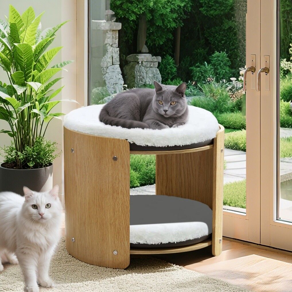Elevated Double Cat Bed 2-Tier Wooden Plush Lounge