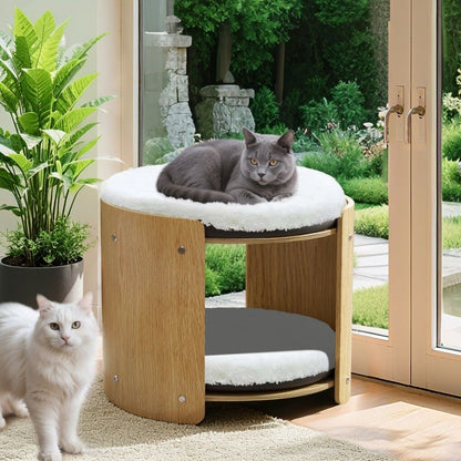 Elevated Double Cat Bed 2-Tier Wooden Plush Lounge
