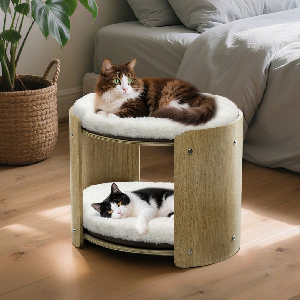 Elevated Double Cat Bed 2-Tier Wooden Plush Lounge