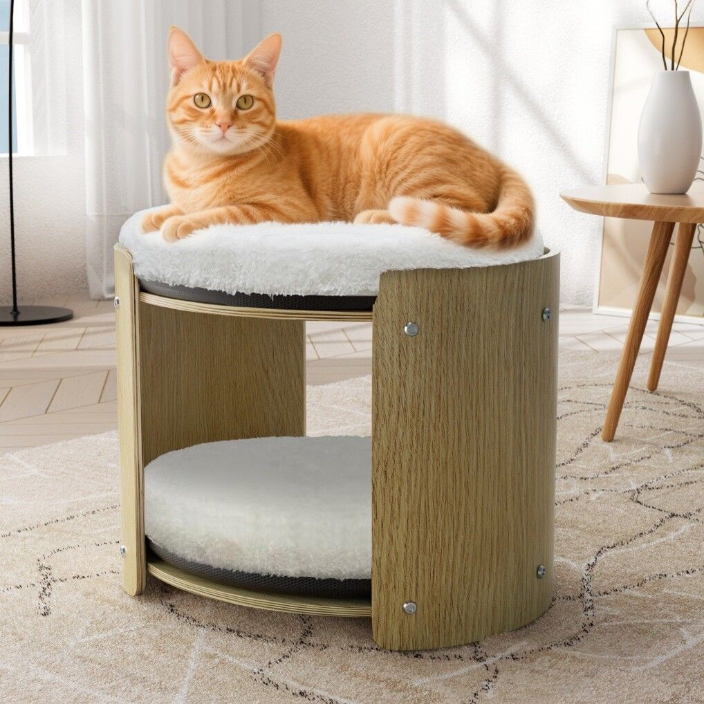 Elevated Double Cat Bed 2-Tier Wooden Plush Lounge