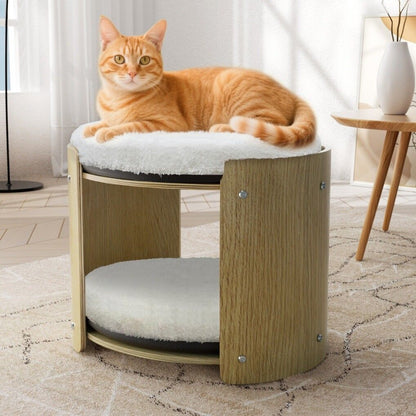 Elevated Double Cat Bed 2-Tier Wooden Plush Lounge