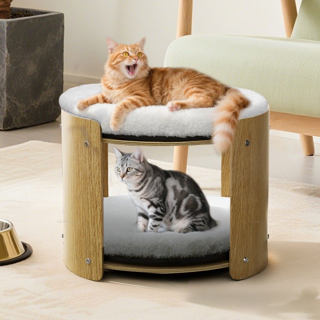 Elevated Double Cat Bed 2-Tier Wooden Plush Lounge