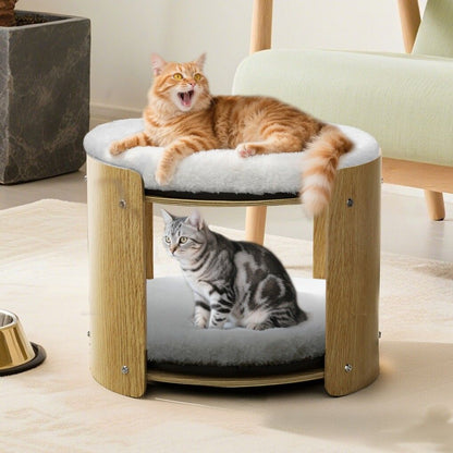 Elevated Double Cat Bed 2-Tier Wooden Plush Lounge