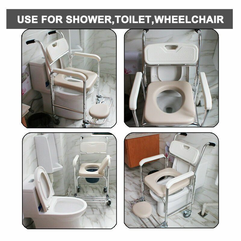 Premium Aluminium Mobile Shower Commode Chair 200kg with Footrests and Removable Pan