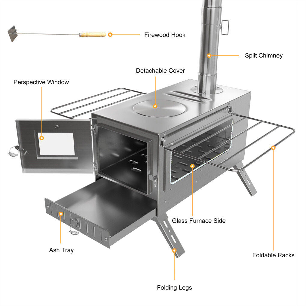 Stainless Steel Wood Burner Stove 20x15x25 cm for Camping w/ Chimney & Bag - SuperSaverAU - view 6