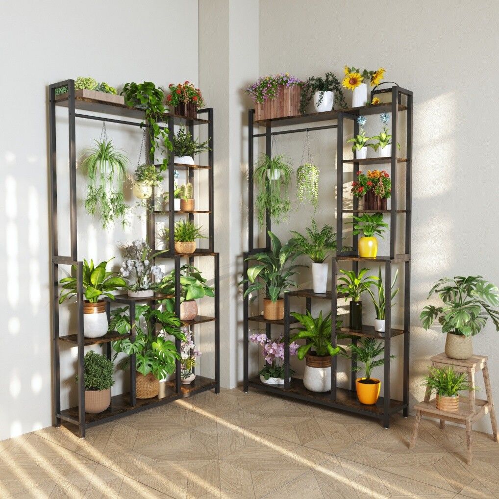 Rustic Plant Stand Shelf Rack with Hanging Rod for Indoor Outdoor Display - SuperSaverAU - view 2