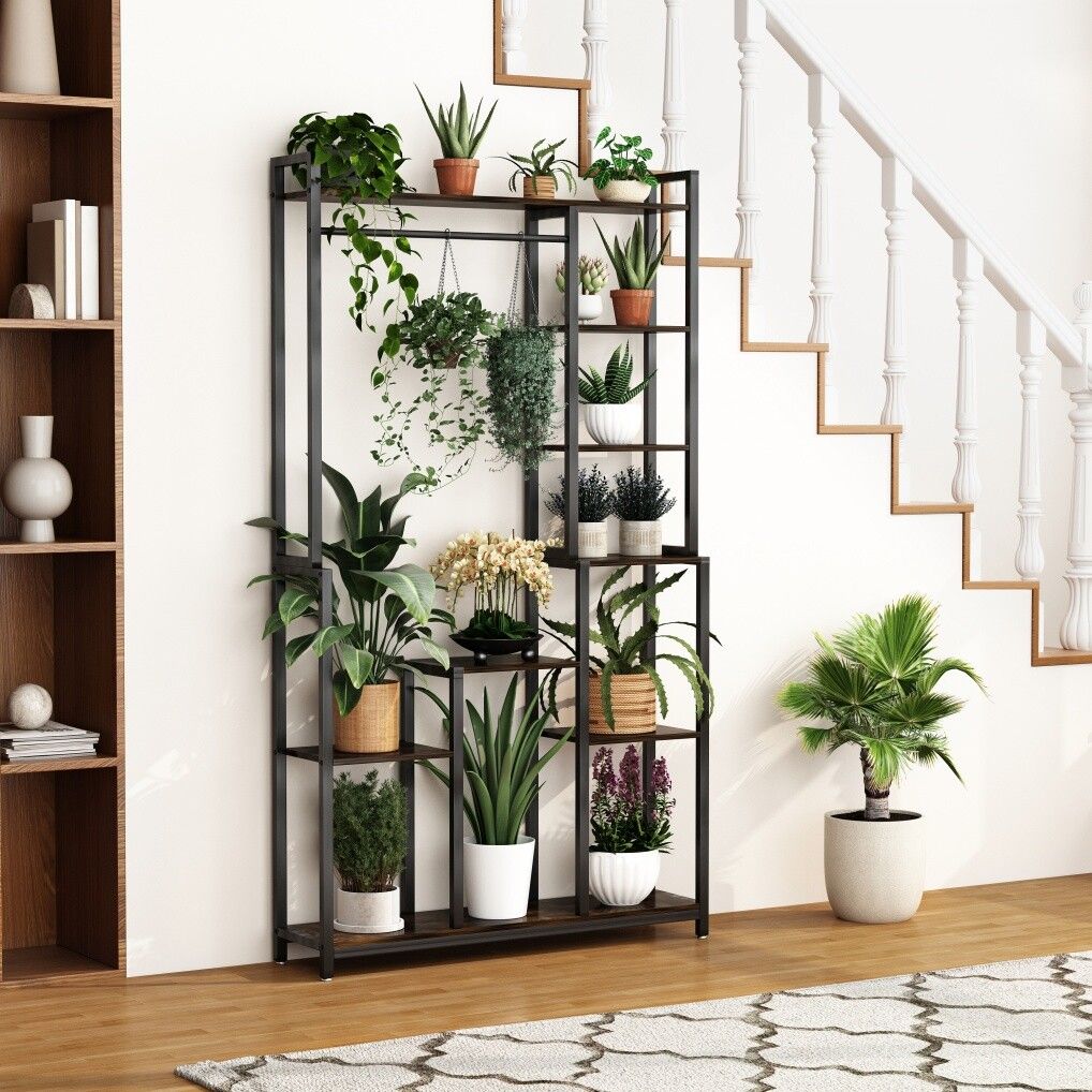 Rustic Plant Stand Shelf Rack with Hanging Rod for Indoor Outdoor Display - SuperSaverAU - view 4