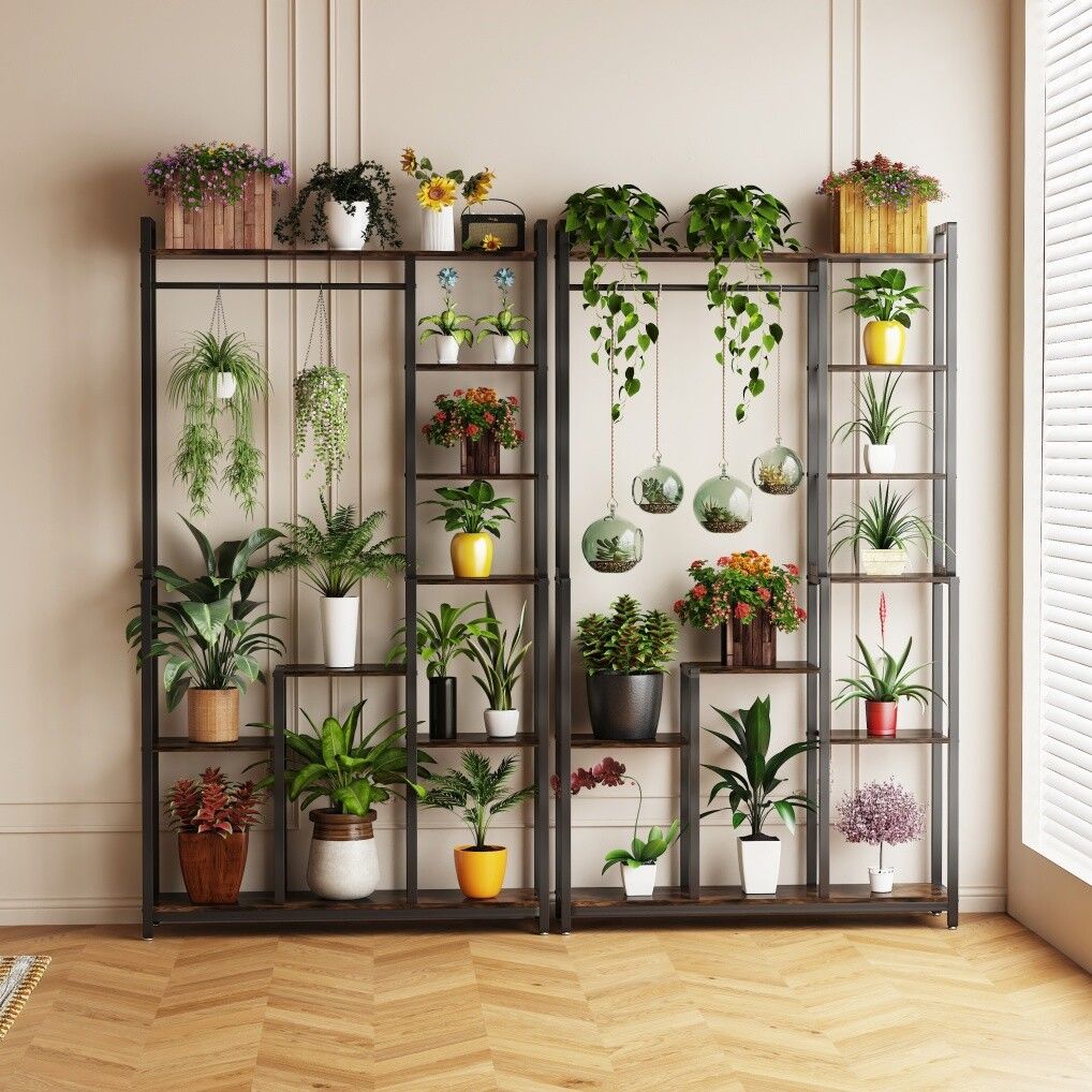 Rustic Plant Stand Shelf Rack with Hanging Rod for Indoor Outdoor Display - SuperSaverAU - view 5