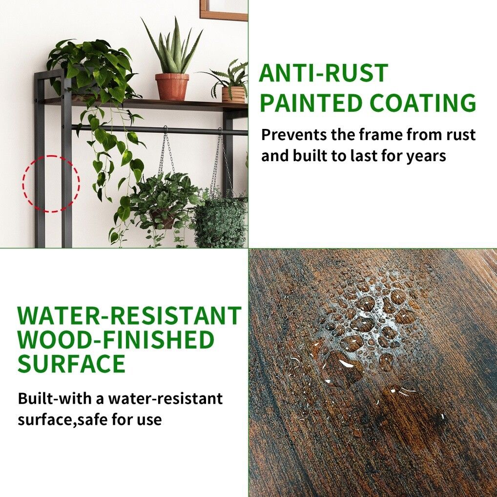 Rustic Plant Stand Shelf Rack with Hanging Rod for Indoor Outdoor Display - SuperSaverAU - view 10