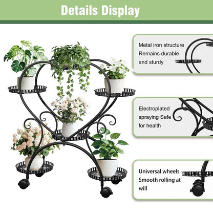 Rolling Metal Plant Stand Indoor Outdoor Garden Display Shelf