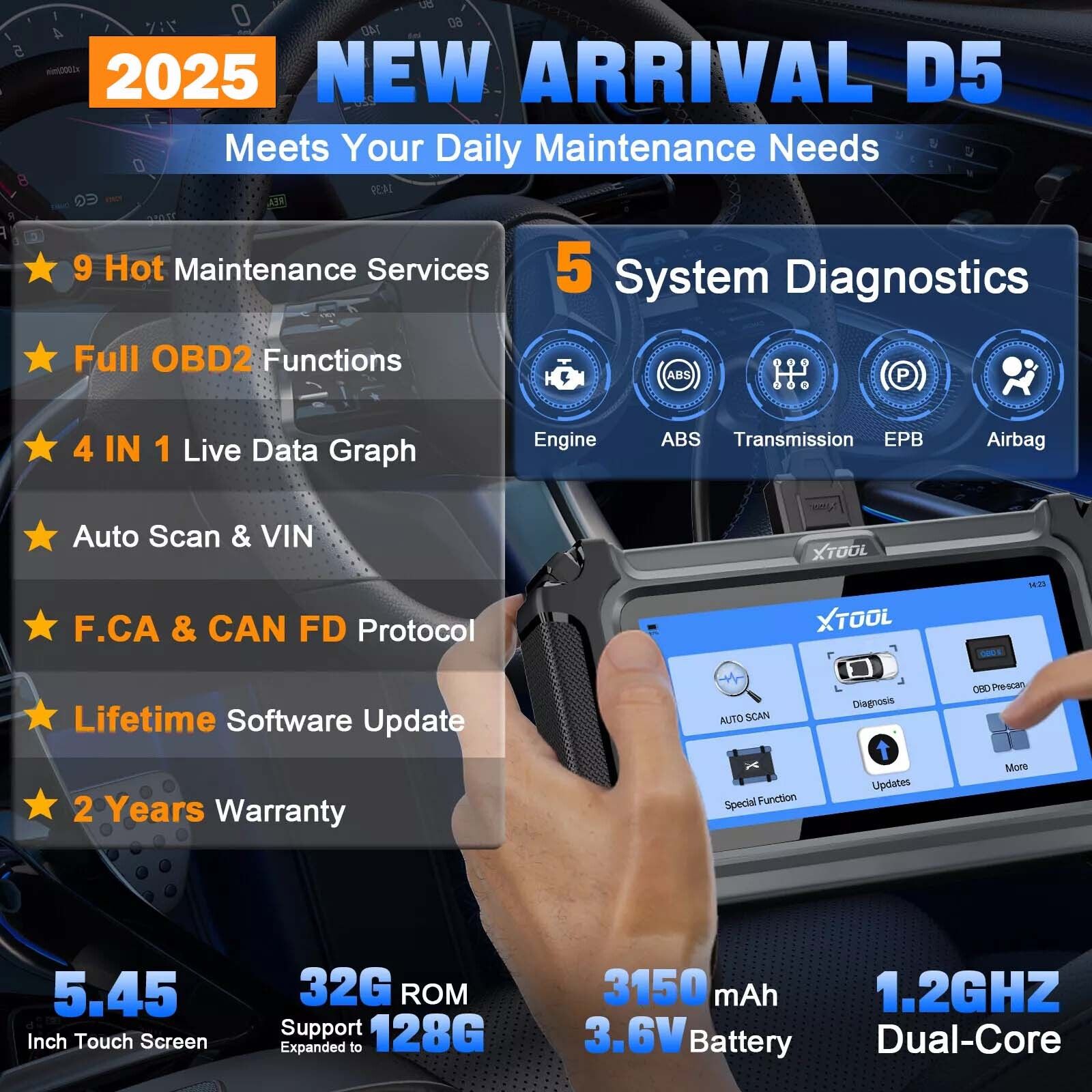 Premium 2025 D5 OBD2 Scanner ABS SRS Engine Diagnostic Tool