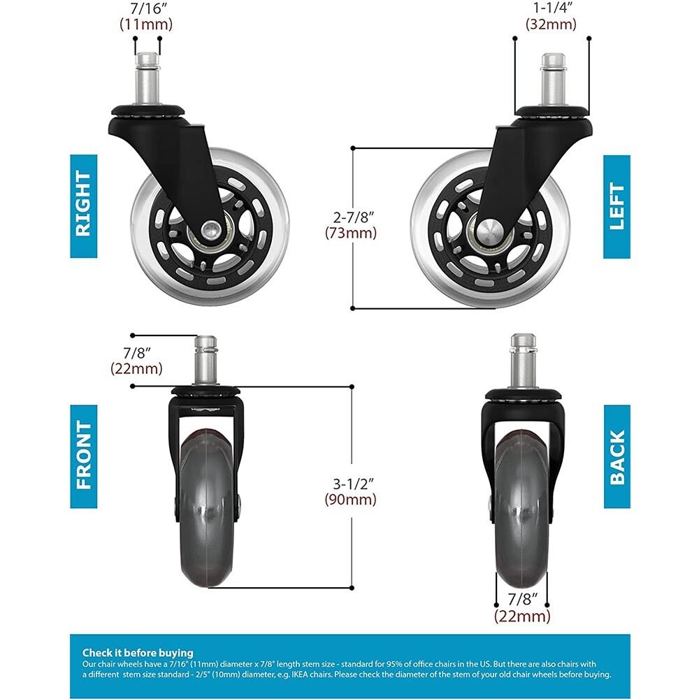 3 Pack Rollerblade Chair Wheels - 7/16 Stem for All Floors - SuperSaverAU - view 5