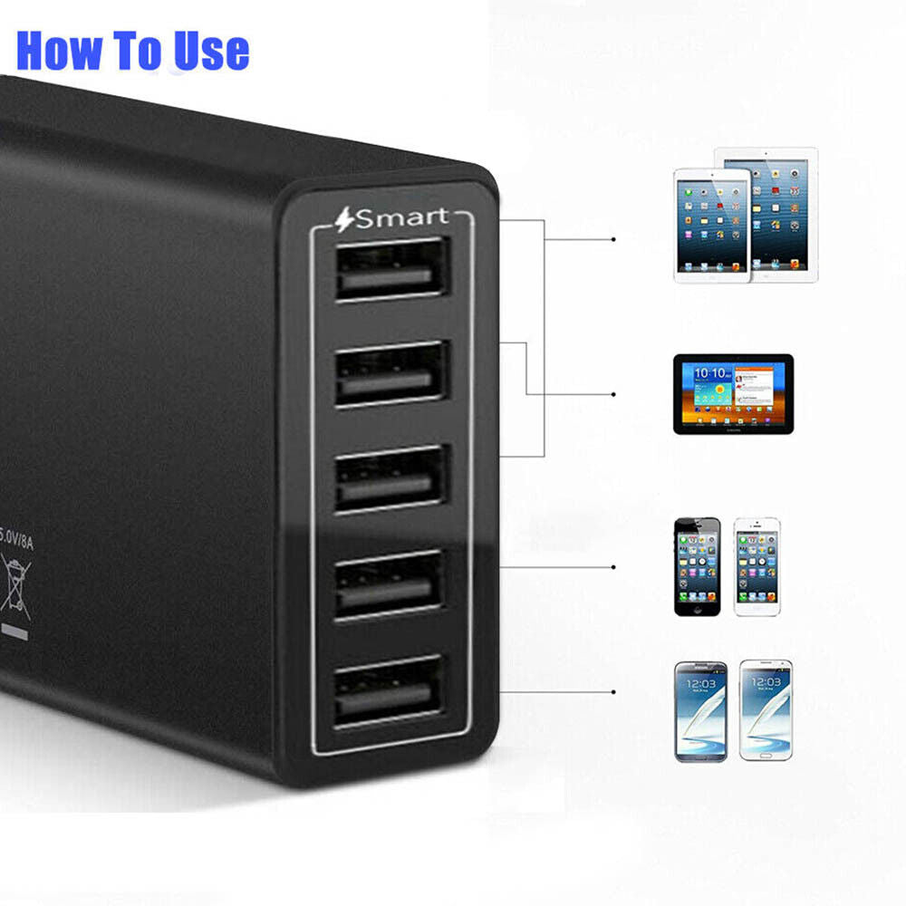 Premium 40W 5 Port USB Wall Charger Fast AC Travel Adapter