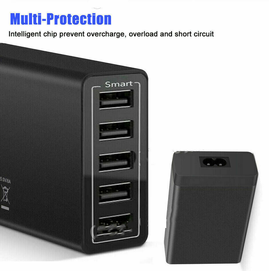 Premium 40W 5 Port USB Wall Charger Fast AC Travel Adapter