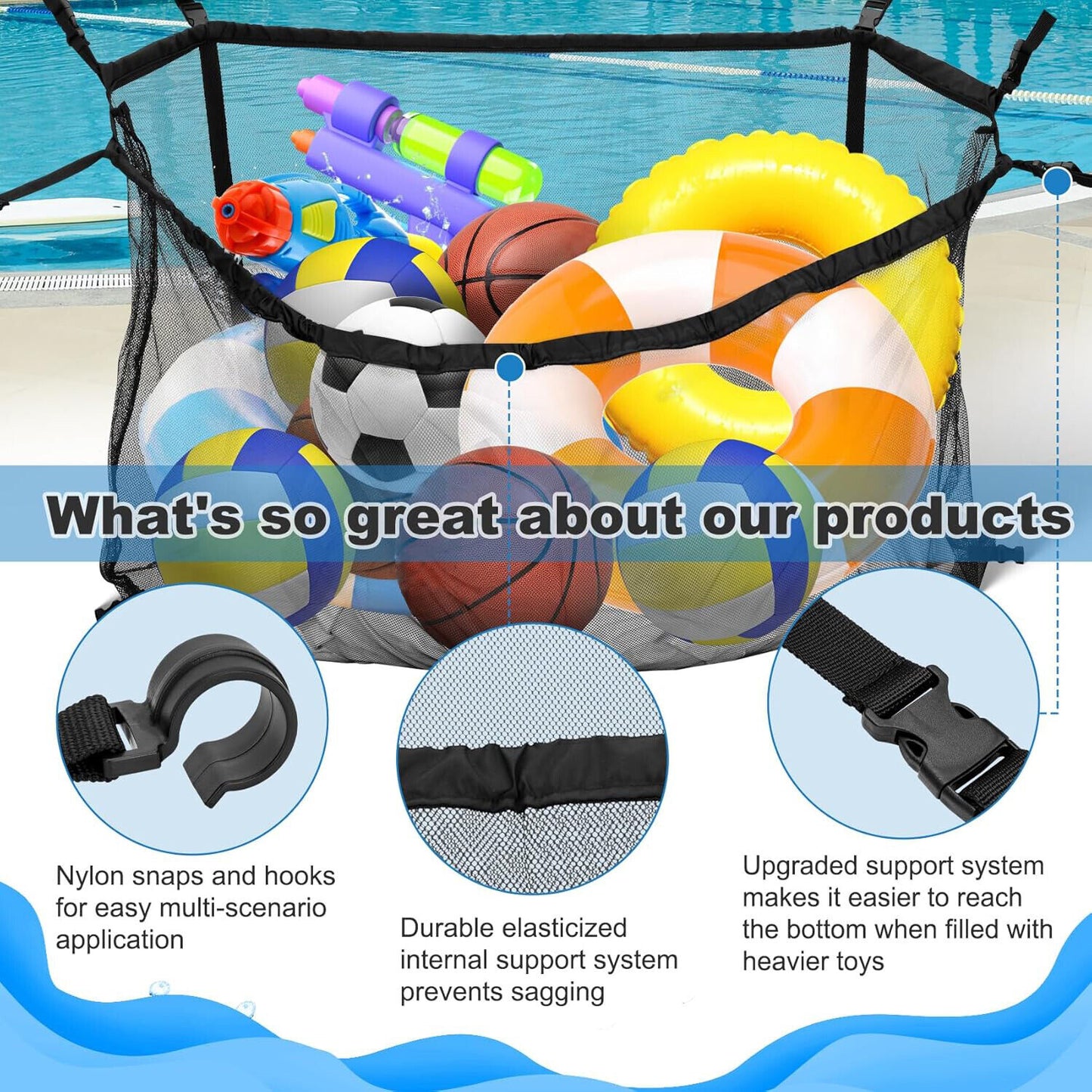 145x145CM Heavy Duty Pool Toy Storage Net Bag - Durable, Adjustable Organizer