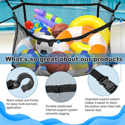 145x145CM Heavy Duty Pool Toy Storage Net Bag - Durable, Adjustable Organizer