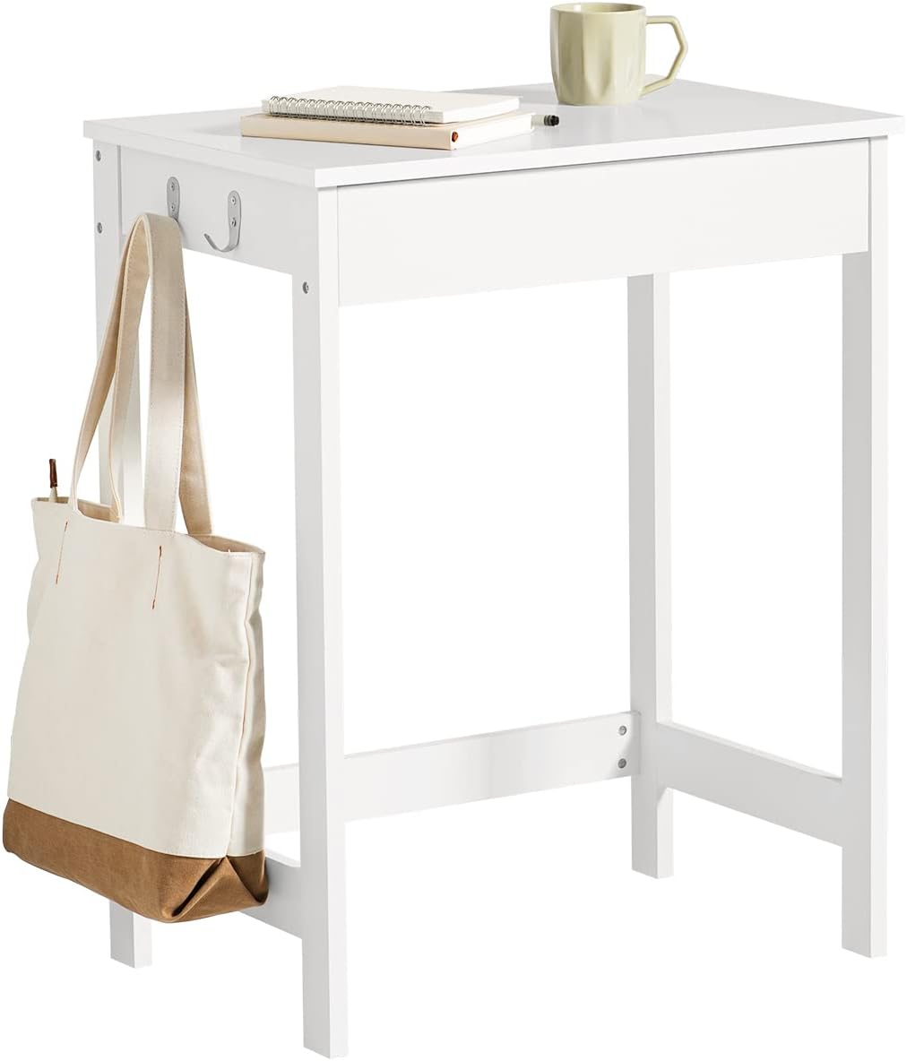 Compact White Desk with Drawer and Hooks