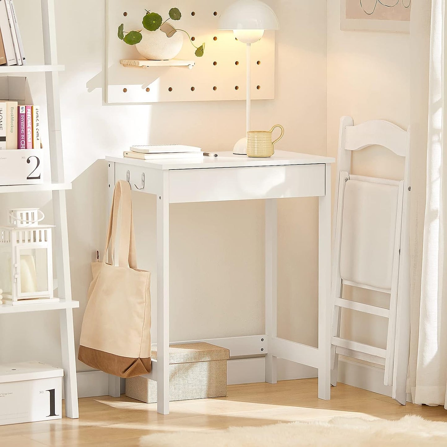 Compact White Desk with Drawer and Hooks