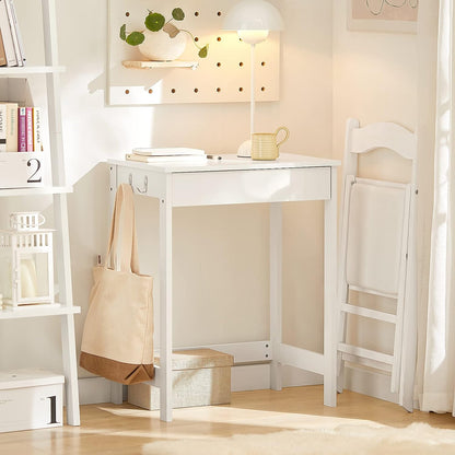 Compact White Desk with Drawer and Hooks