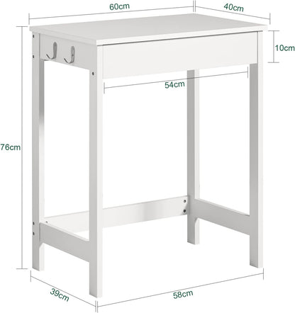 Compact White Desk with Drawer and Hooks