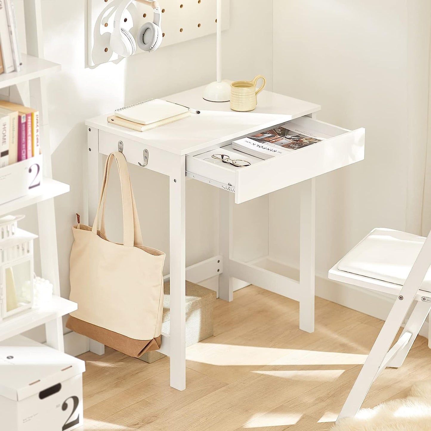 Compact White Desk with Drawer and Hooks
