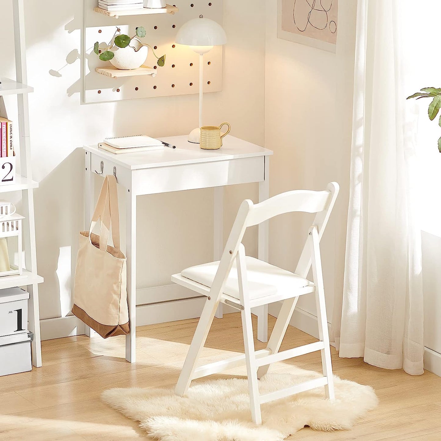 Compact White Desk with Drawer and Hooks