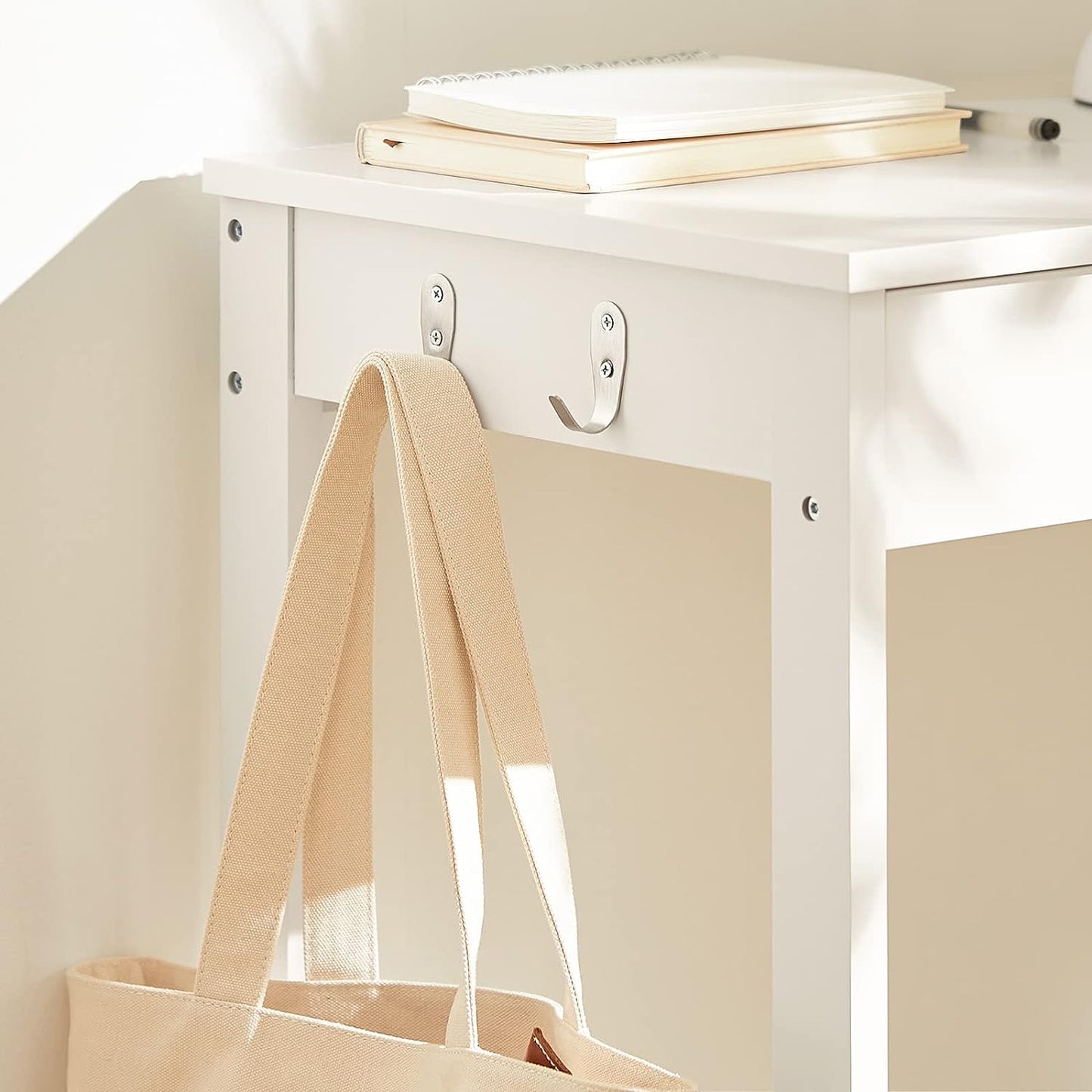 Compact White Desk with Drawer and Hooks