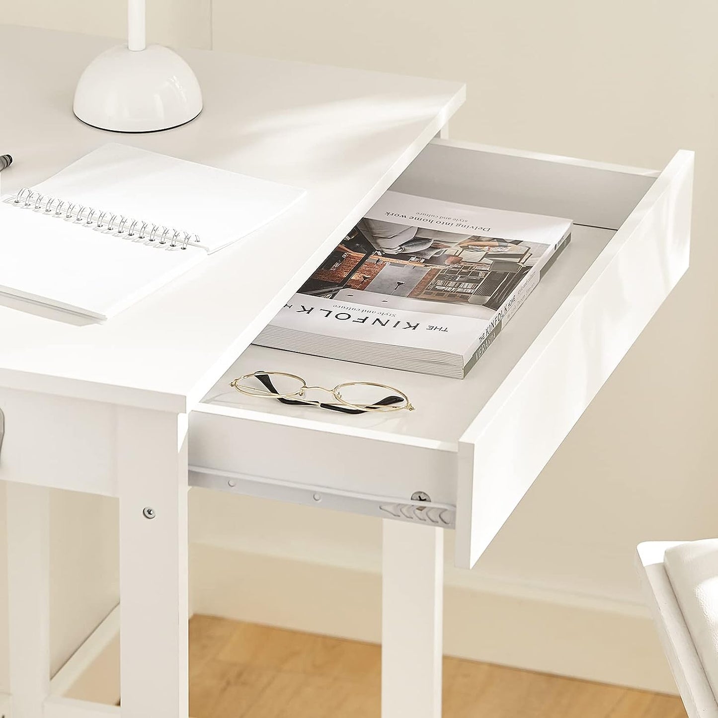 Compact White Desk with Drawer and Hooks