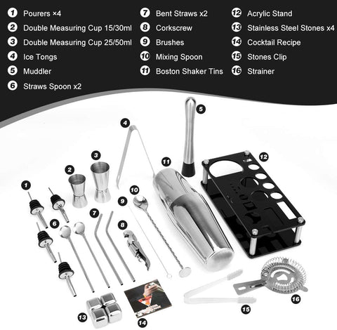 Premium 23 Piece Boston Cocktail Shaker Set Stainless Steel Bar Tools
