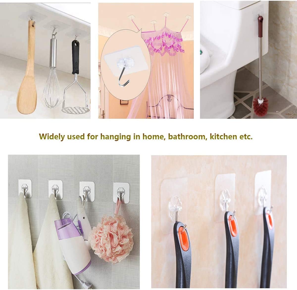 24 Packs Heavy Duty Adhesive Hooks - Reusable Kitchen Wall Hooks, Transparent Design