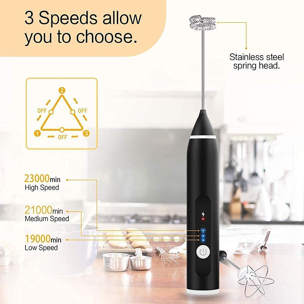 Silver Rechargeable Electric Milk Frother Handheld with 3 Speeds and USB Charging
