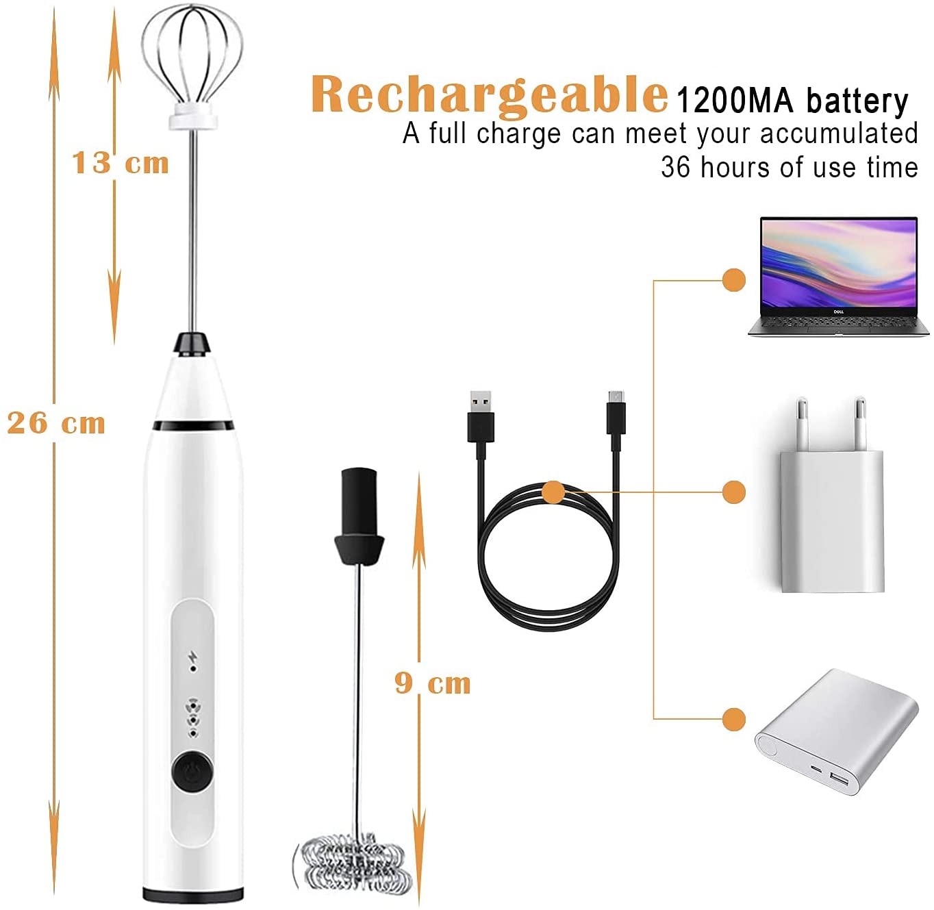 Silver Rechargeable Electric Milk Frother Handheld with 3 Speeds and USB Charging