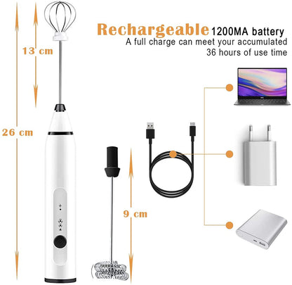 Silver Rechargeable Electric Milk Frother Handheld with 3 Speeds and USB Charging