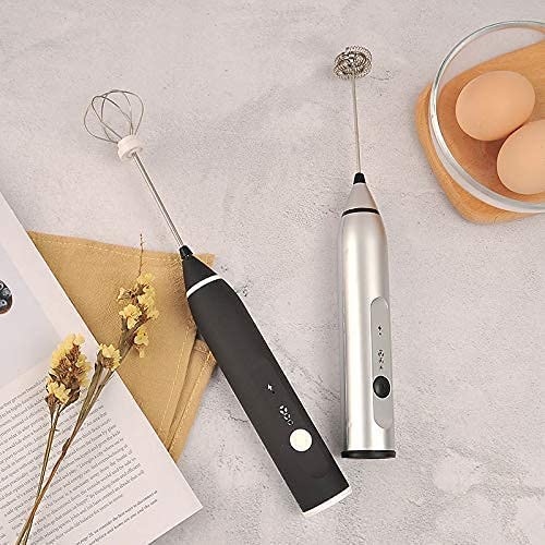 Silver Rechargeable Electric Milk Frother Handheld with 3 Speeds and USB Charging
