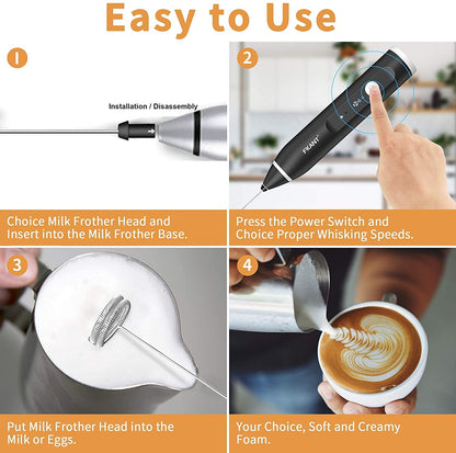 Silver Rechargeable Electric Milk Frother Handheld with 3 Speeds and USB Charging