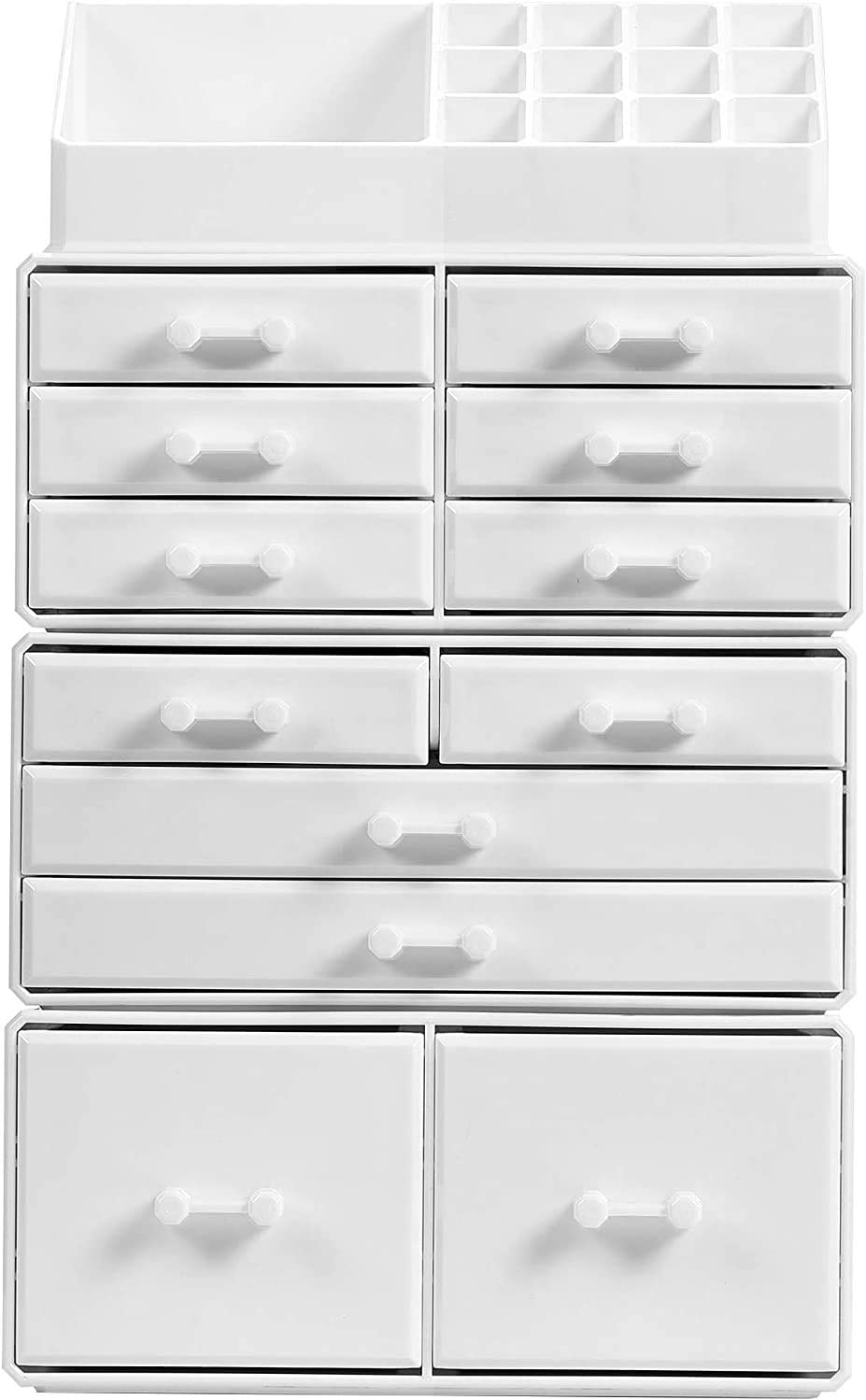 Premium White Makeup Cosmetic Organiser with 12 Drawers and 16 Top Compartments