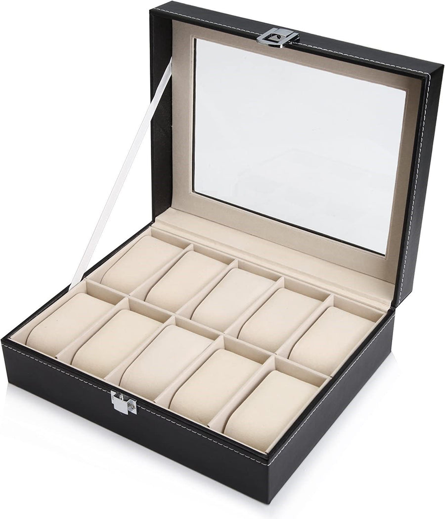 Black PU Leather Watch Organizer Display Storage Box for Men & Women, 10 Slots, Glass Lid, Velvet Lining, 25.2x20.2x8 cm - SuperSaverAU - view 1