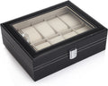 Black PU Leather Watch Organizer Display Storage Box for Men & Women, 10 Slots, Glass Lid, Velvet Lining, 25.2x20.2x8 cm - SuperSaverAU - view 2