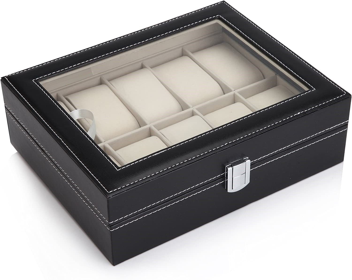 Black PU Leather Watch Organizer Display Storage Box for Men & Women, 10 Slots, Glass Lid, Velvet Lining, 25.2x20.2x8 cm - SuperSaverAU - view 2